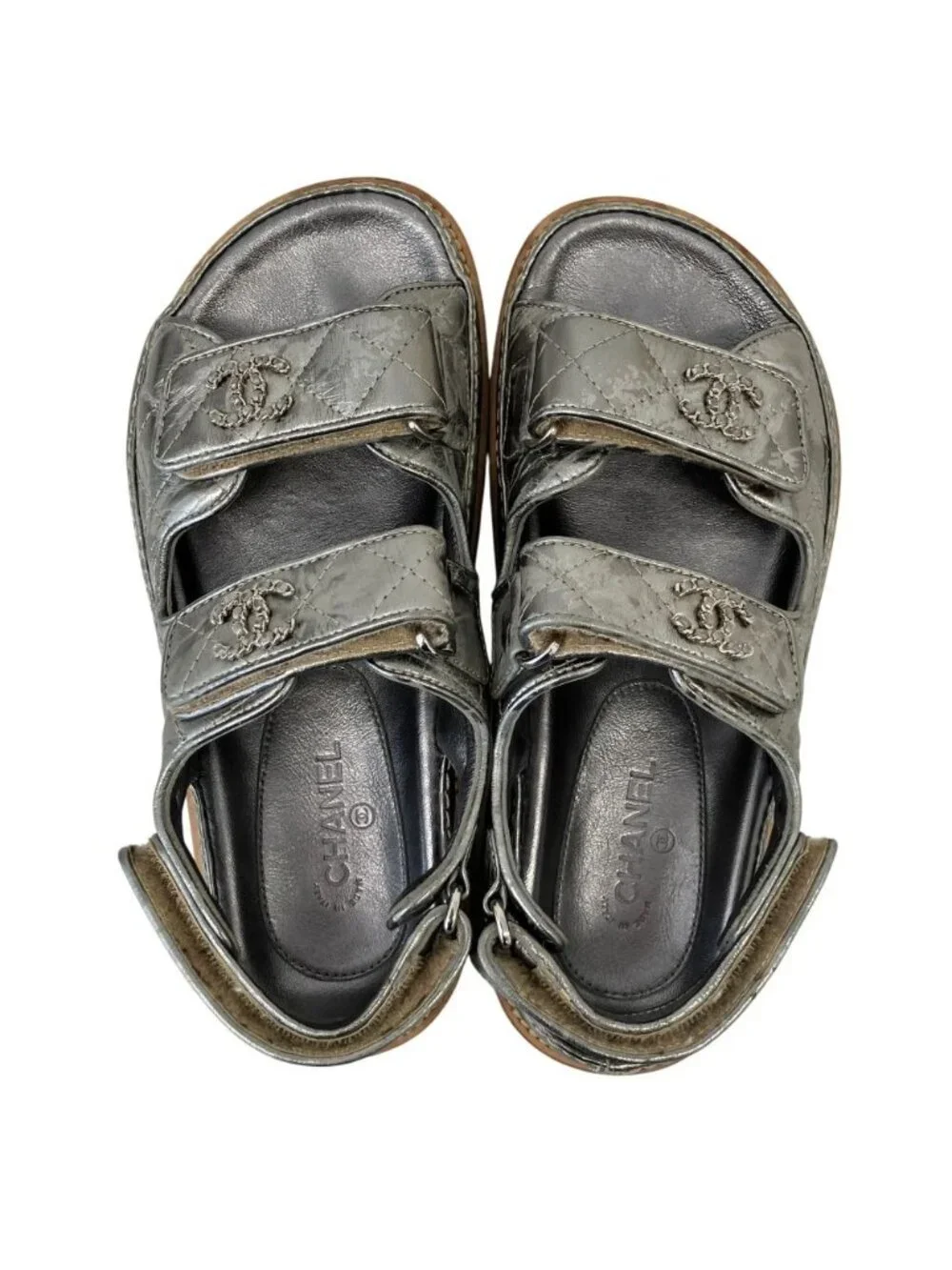 Chanel CC Logo Leather Quilted All Pattern Sports Sandals 35c Silver